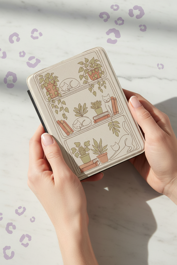 Cozy Cat & Houseplant Kindle 7-Inch Kindle Paperwhite Case showing cozy cat & houseplant kindle paperwhite case artwork with 7 inch kindle case, kindle paperwhite case, kindle