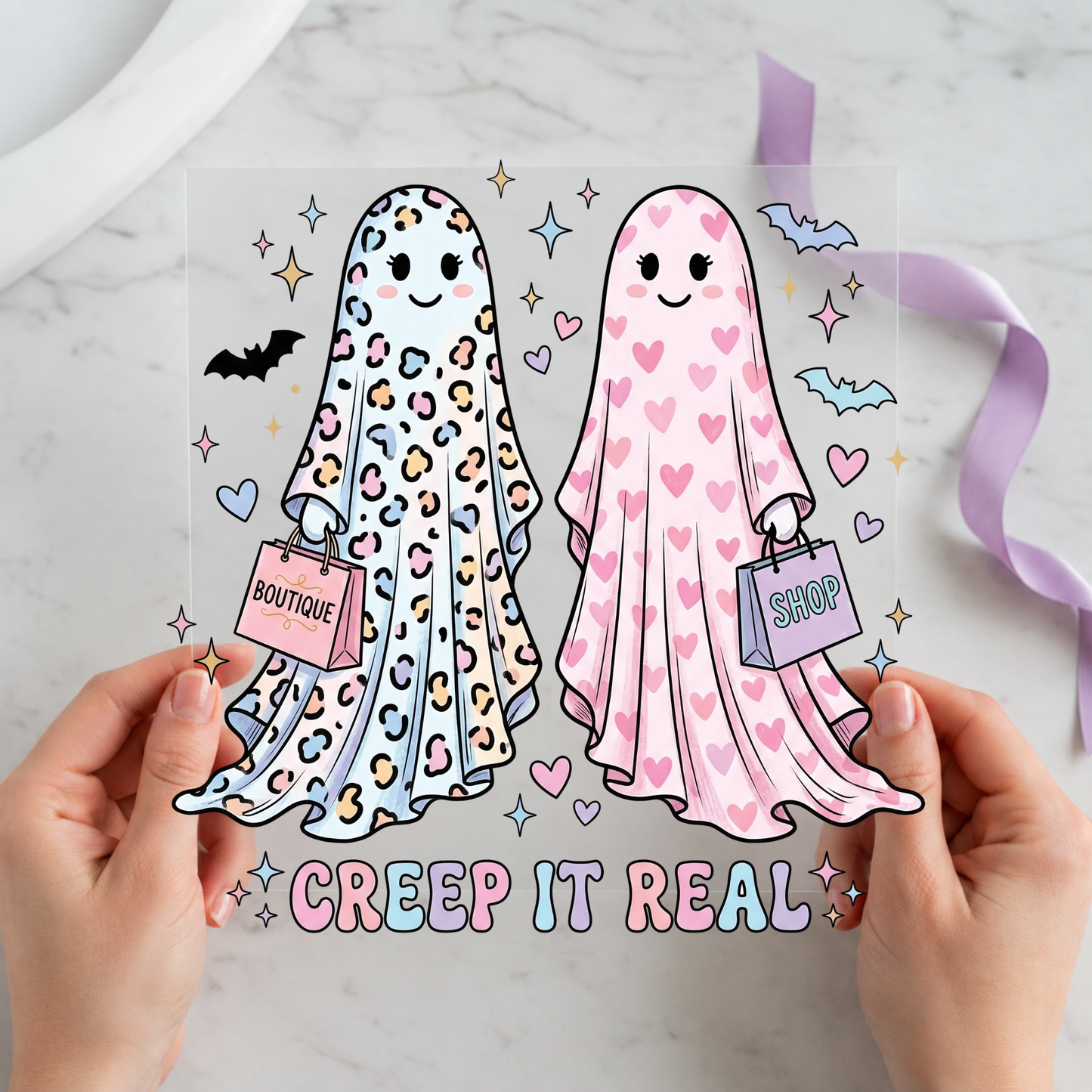 Creep It Real Ghost Friends featuring three patterned ghosts holding boutique shopping bags on a 12x12 ready-to-press DTF heat transfer