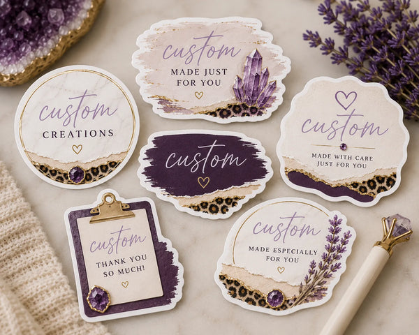 Set of purple and marble custom branding stickers with 'custom creations' and 'made just for you' script text, styled with amethyst crystals and lavender - Marie Gems