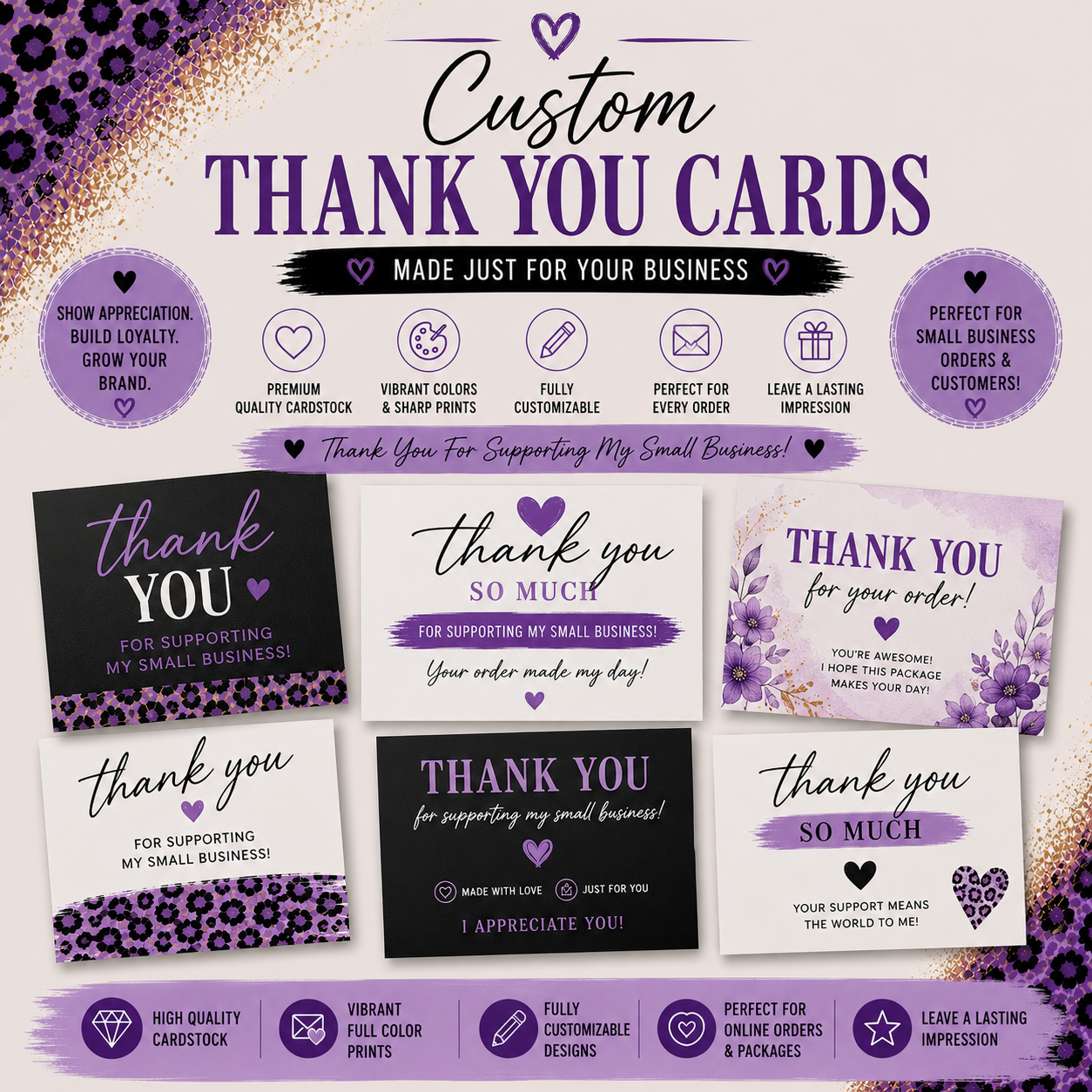 Custom Thank You Cards For Brand Identity And Customer Loyalty That Elevate Every Shipment And Build Brand Trust in purple tones
