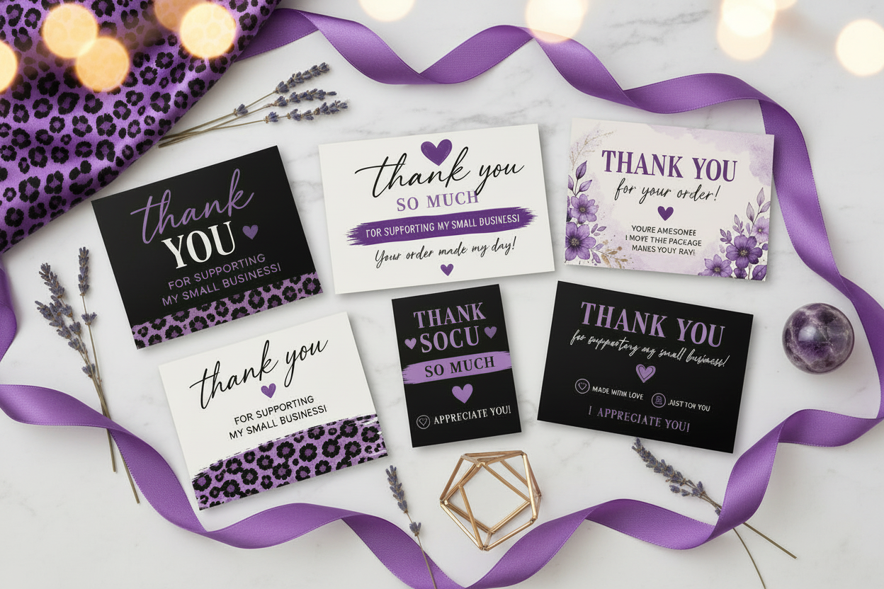 Custom Thank You Cards For Brand Identity And Customer Loyalty That Elevate Every Shipment And Build Brand Trust in purple tones
