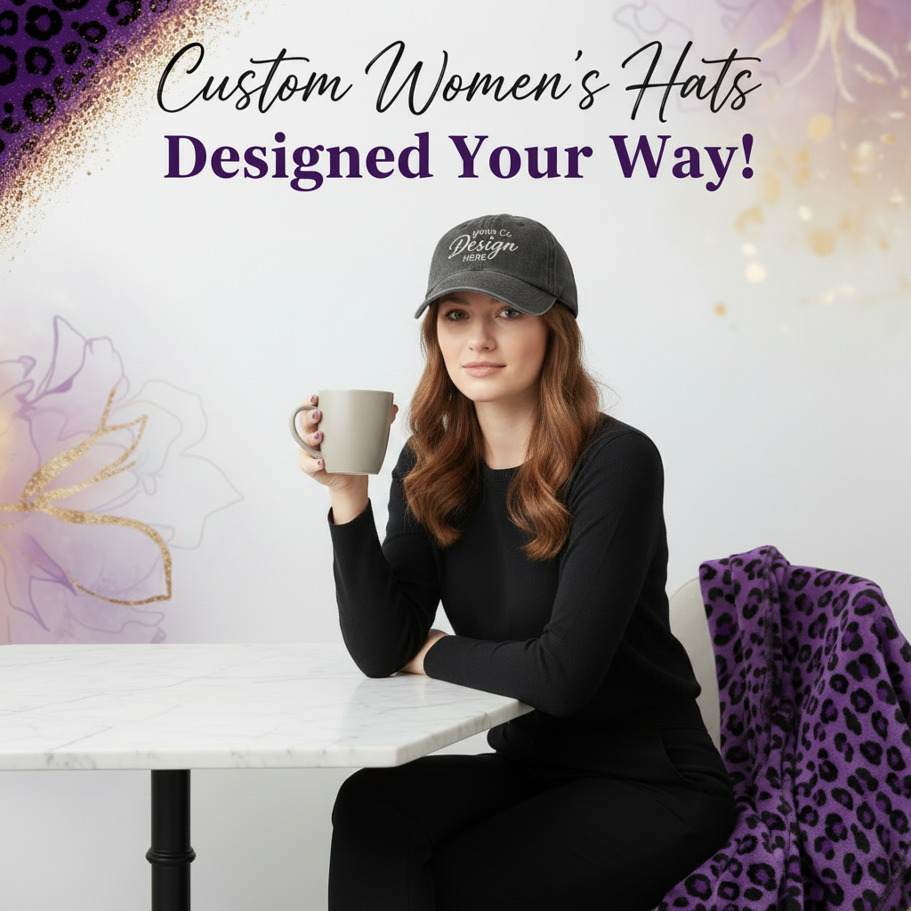 Custom Infinity Her CASSIE Women’s Pigment-Dyed Hat with Polka Dot Undervisor – DTF Printed Logo Cap, Personalized Women’s Boutique Baseball Hat, Custom Busines in multiple colors.
