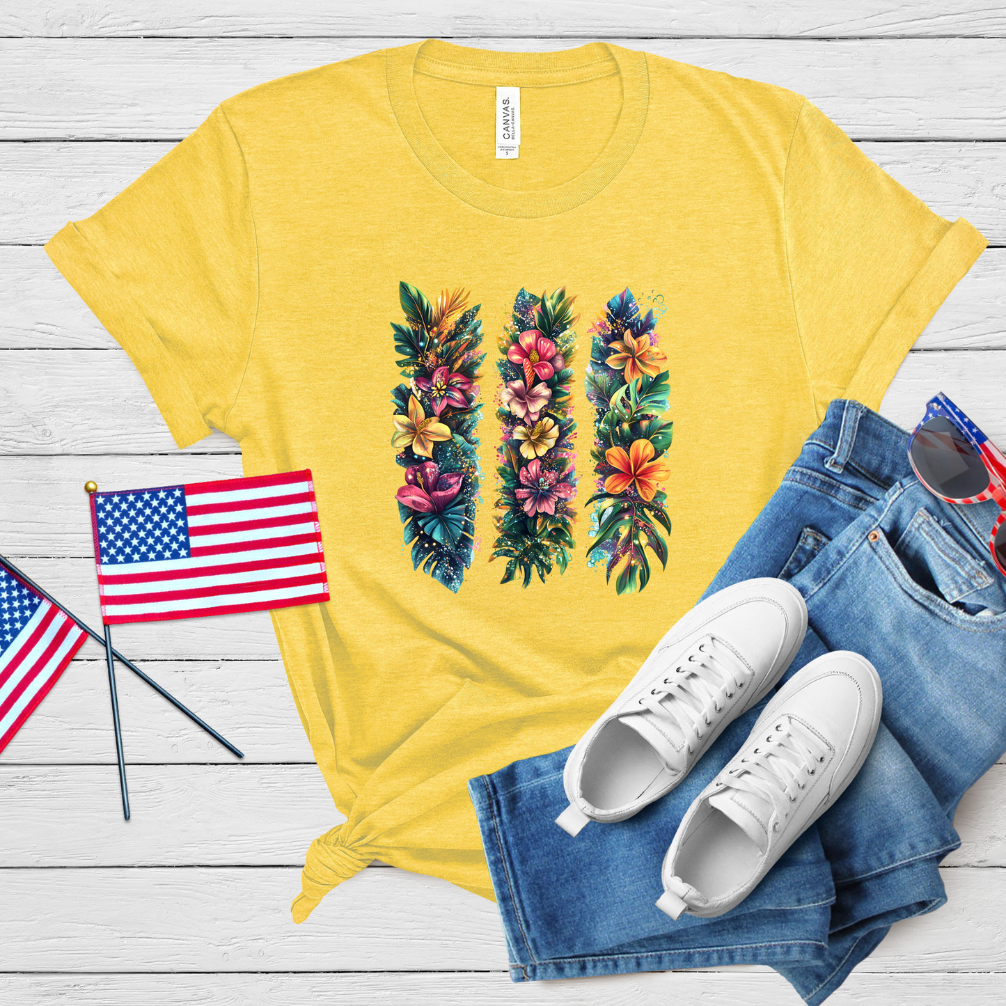 Summer Tropical Brush Stroke T-Shirt - Choose Your Design & Color (Black/Heather Yellow)