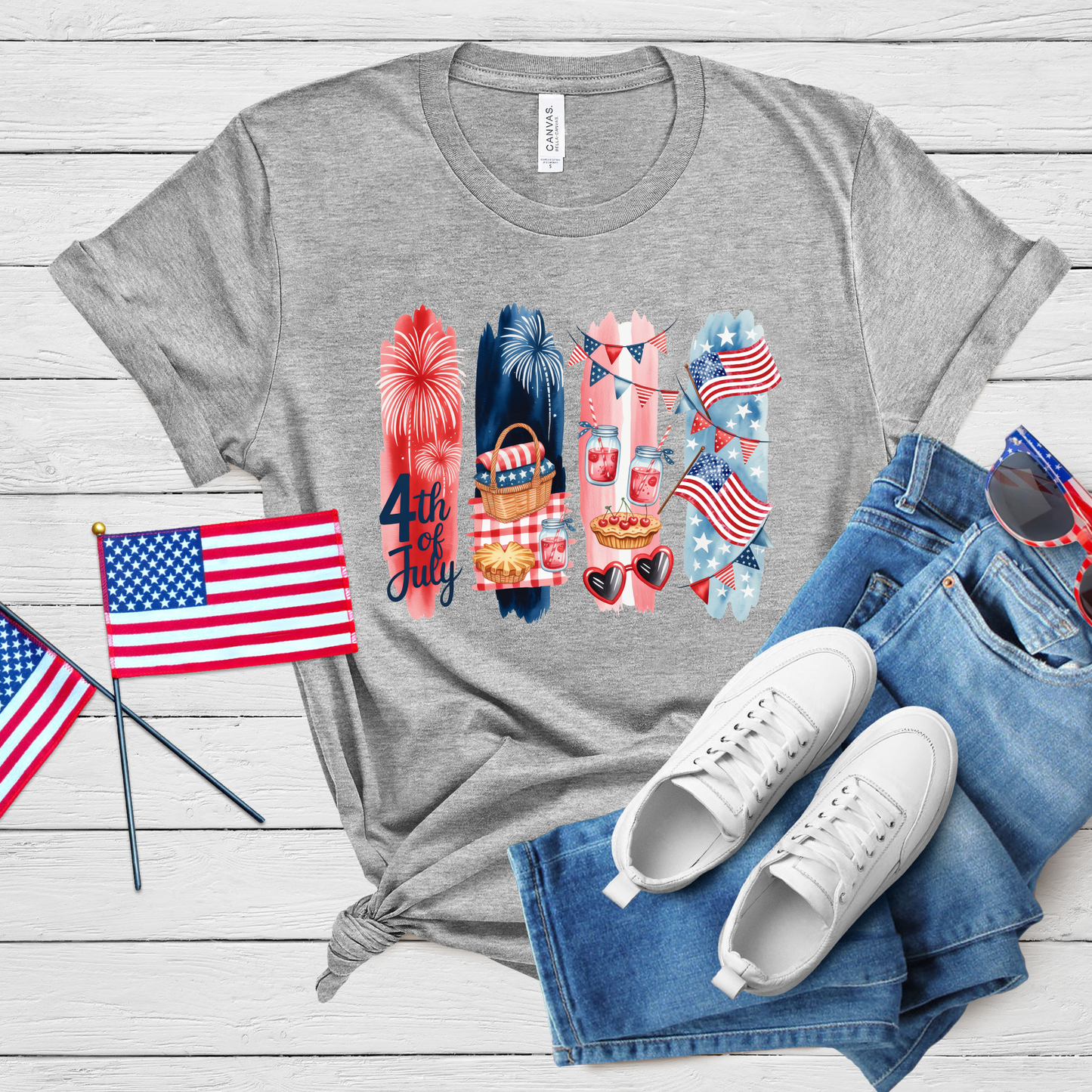 4th of July Celebration Tee - Patriotic Picnic & Fireworks Design for Independence Day