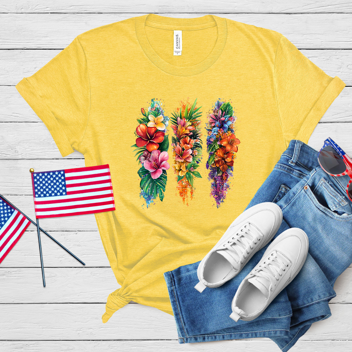 Summer Tropical Brush Stroke T-Shirt - Choose Your Design & Color (Black/Heather Yellow)