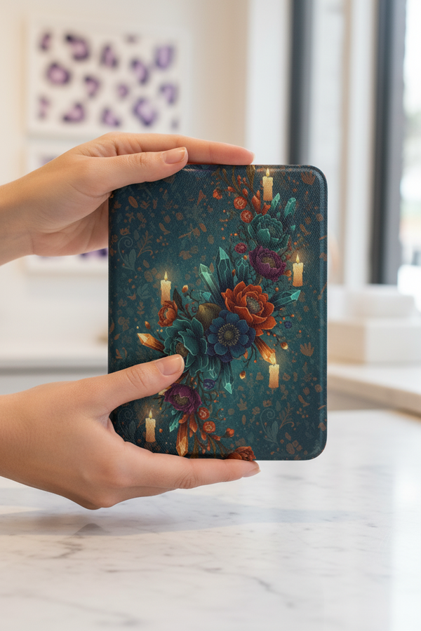 Dark Floral Candle Kindle 7-Inch Kindle Paperwhite Case showing dark floral candle kindle paperwhite case artwork with 7 inch kindle case, boho e reader case, kindle paperwhite