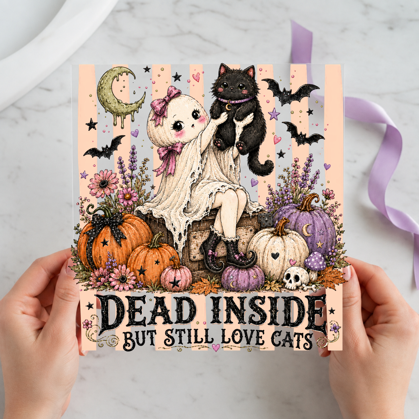 Dead Inside but Still Love Cats featuring white and black cats wearing ghost costumes among pumpkins and bats on a 12x12 ready-to-press DTF heat transfer