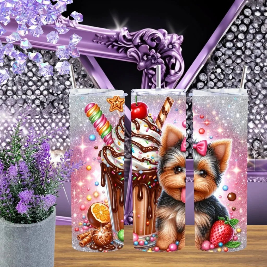 Yorkie Milkshake 20oz Tumbler • Kawaii Puppy Stainless Steel Cup • Sweet Treat Lover Gift • Handmade Pink Glitter Puppy Aesthetic Drinkware by Marie Gems