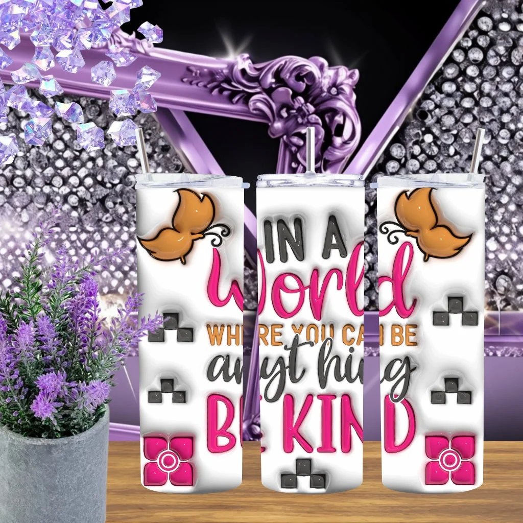 Be Kind 20oz Tumbler Butterfly Design Stainless Steel Cup Handmade Motivational Gift for Teachers and Students by Marie Gems
