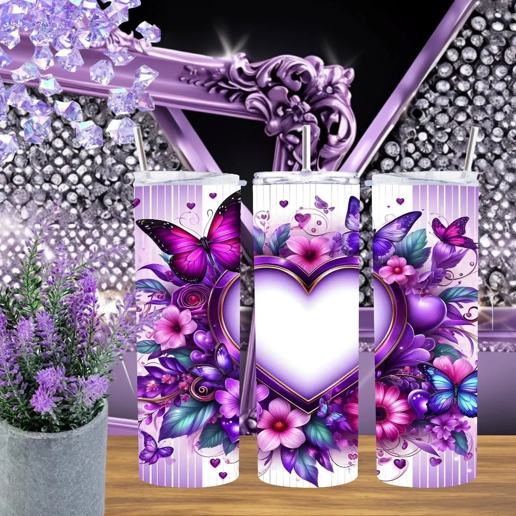 Purple Butterfly 20oz Tumbler Floral Heart Stainless Steel Handmade Lavender Aesthetic Romantic Gift For Her by Marie Gems