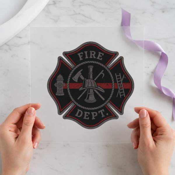Fire Dept DTF transfer mockup with Maltese cross badge design for a firefighter gift