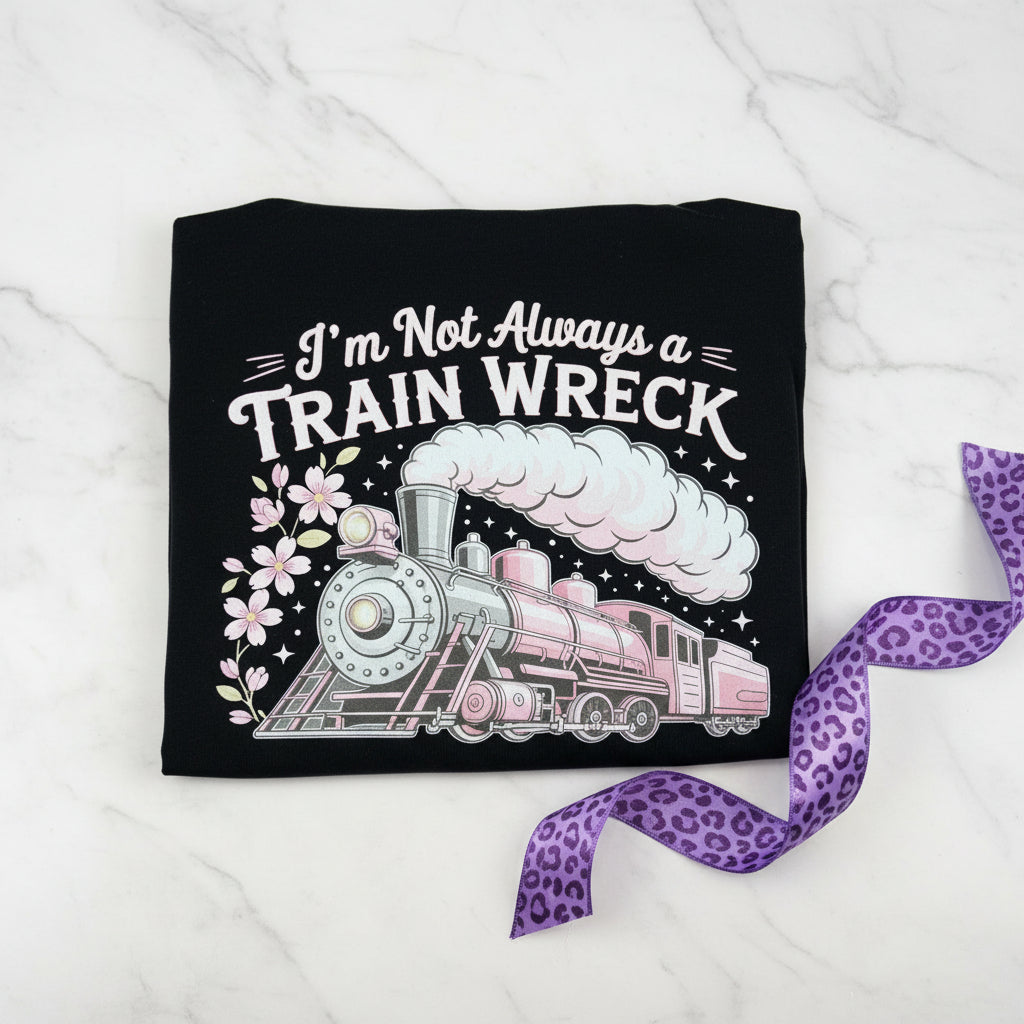 Railroad humor graphic tee with vintage steam train artwork