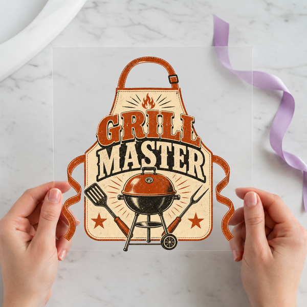 Grill Master DTF transfer mockup with apron and grill design for a BBQ dad gift