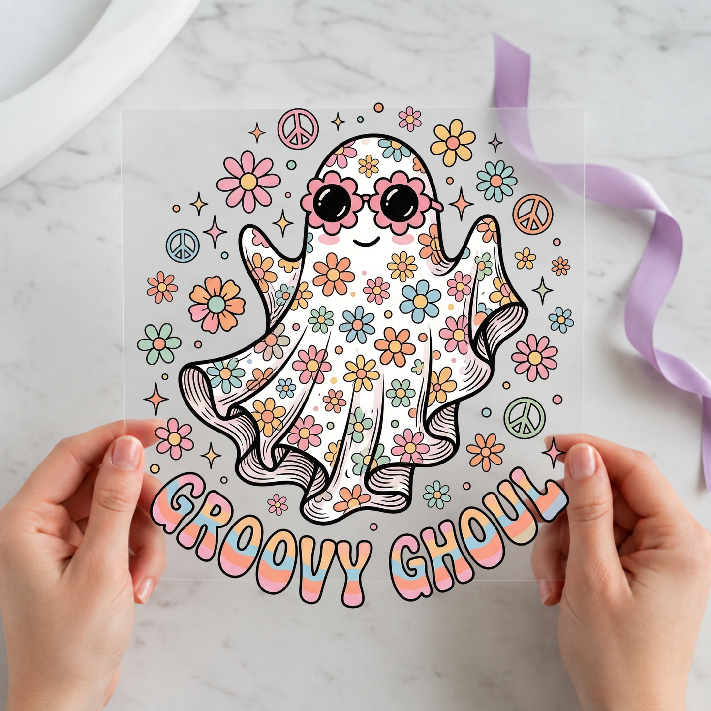 Groovy Ghoul Floral Ghost featuring smiling sunglasses ghost surrounded by daisies and peace symbols on a 12x12 ready-to-press DTF heat transfer