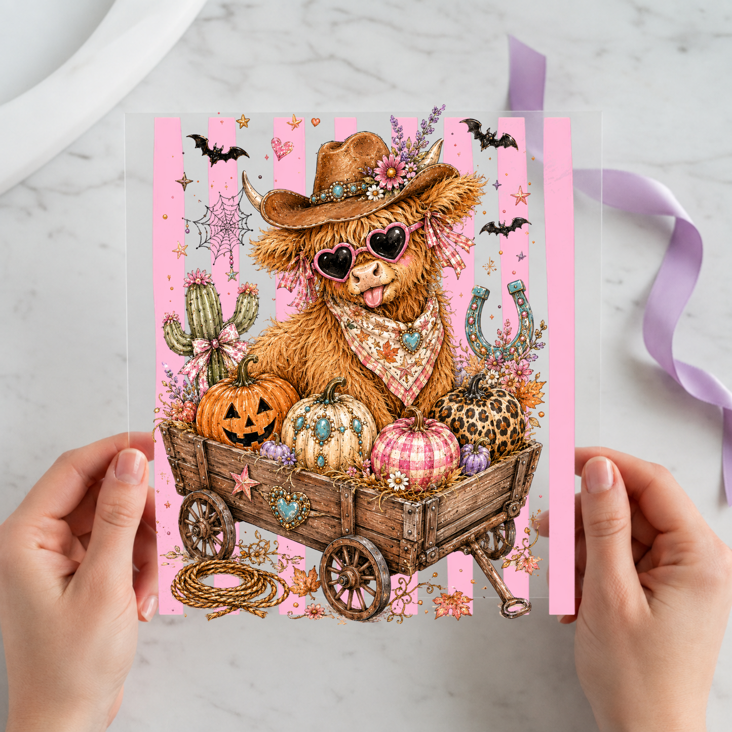 Halloween Cowgirl Ghost featuring ghost in cowgirl hat riding in a decorated pumpkin wagon on a 12x12 ready-to-press DTF heat transfer