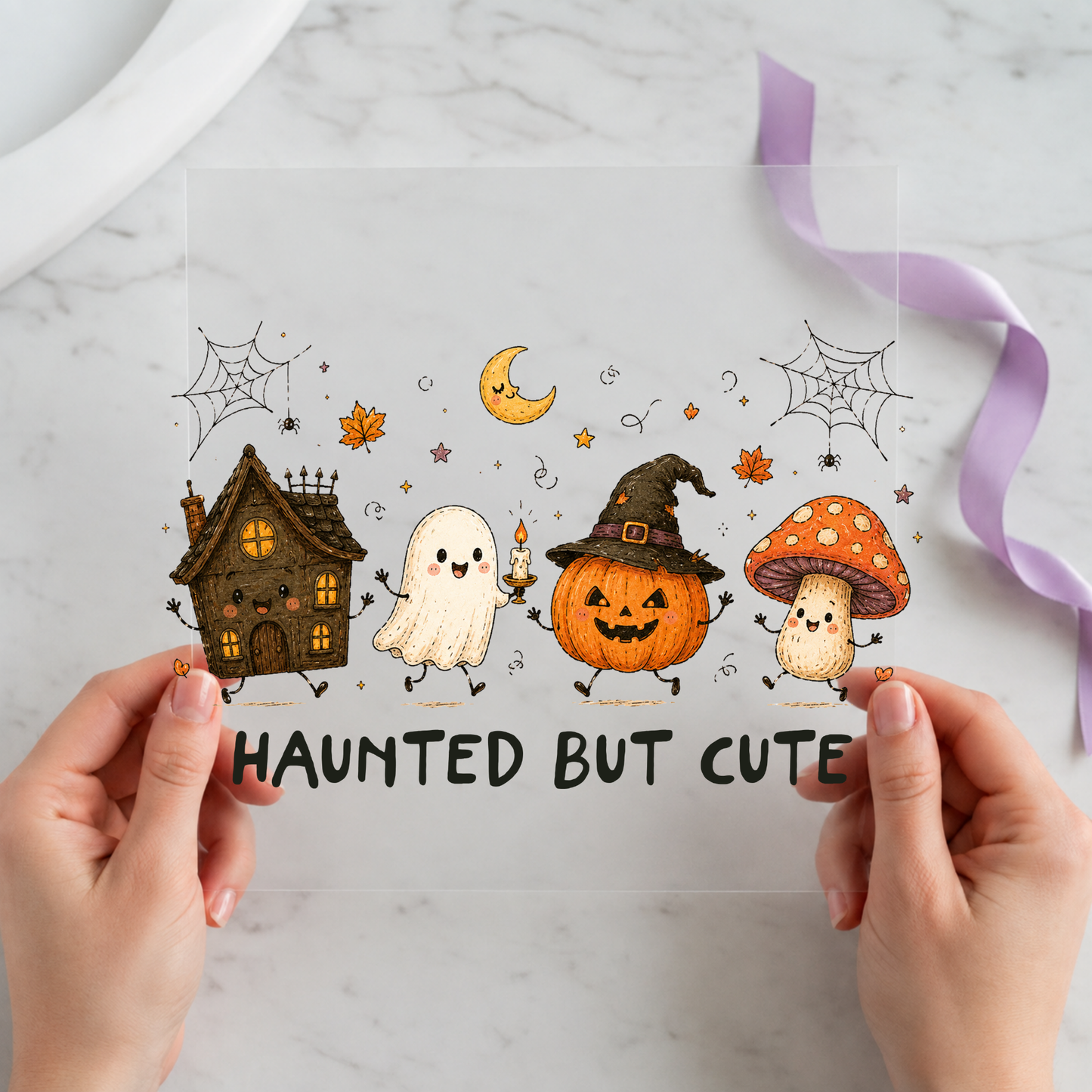 Haunted But Cute Halloween Friends featuring haunted house, ghosts, witch pumpkin and mushroom characters on a 12x12 ready-to-press DTF heat transfer