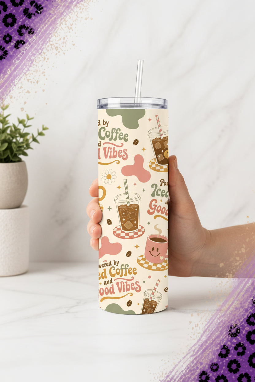 Powered by Iced Coffee and Good Vibes retro 20 oz tumbler with coffee cups and colorful accents