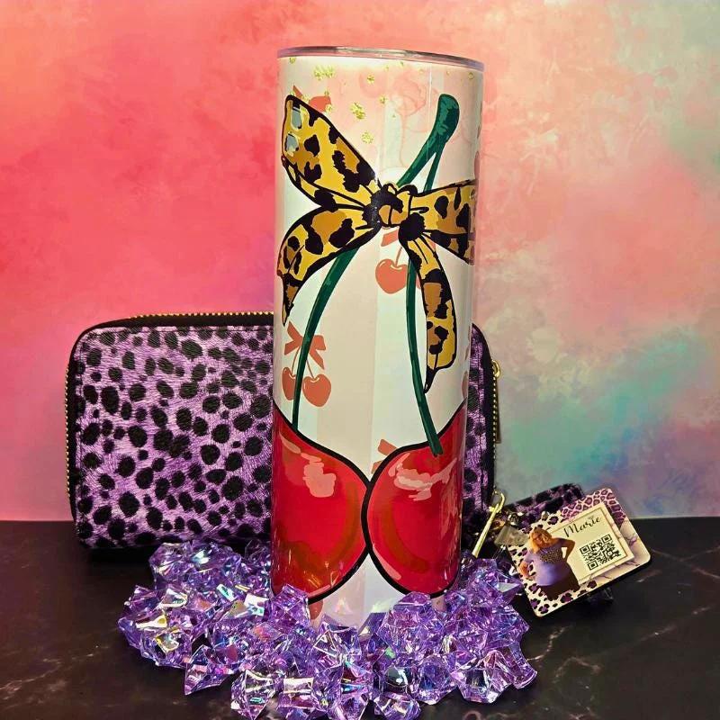 Watercolor Coquette Cherries 20oz Tumbler - Insulated Stainless Steel - Leopard Print Bow