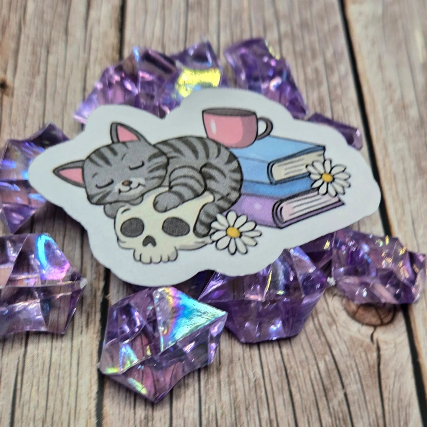 Cozy Goth Cat Sticker: Dark Academia, Skull & Books Decal