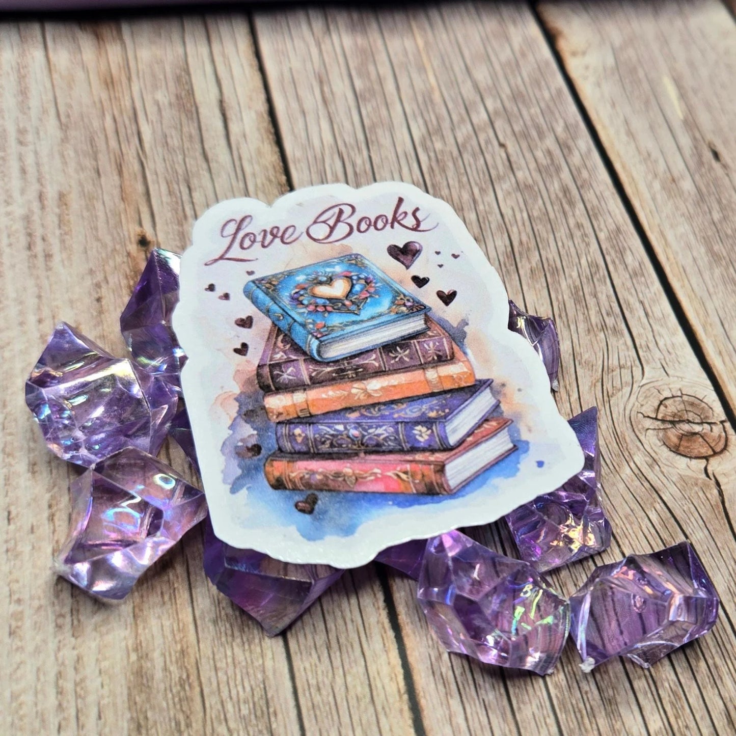 Elegant "Love Books" Sticker - Ornate Stack of Books & Hearts Decal for Passionate Readers