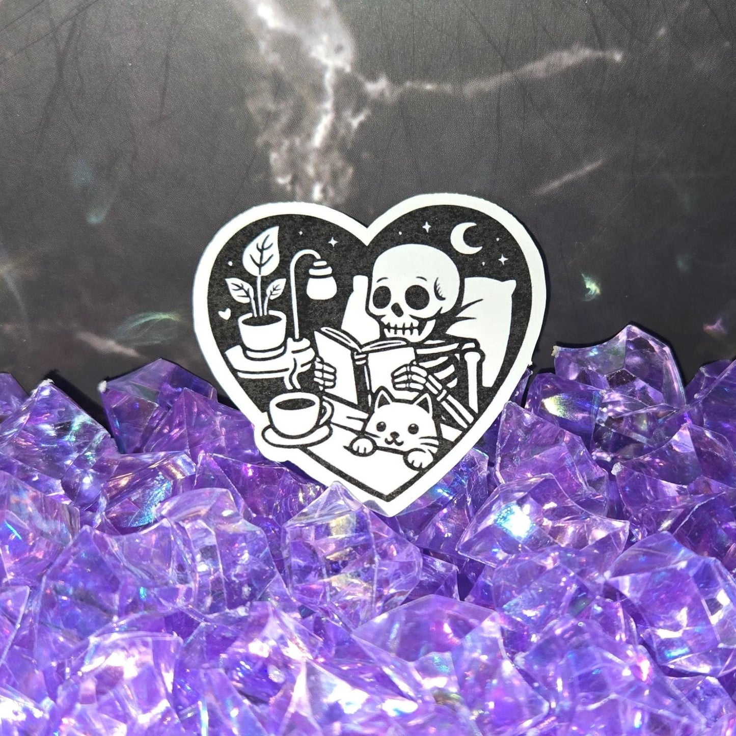 Cozy Skeleton Reading Sticker - Spooky Book Lover & Cat Friend Decal - Gothic Comfort Scene