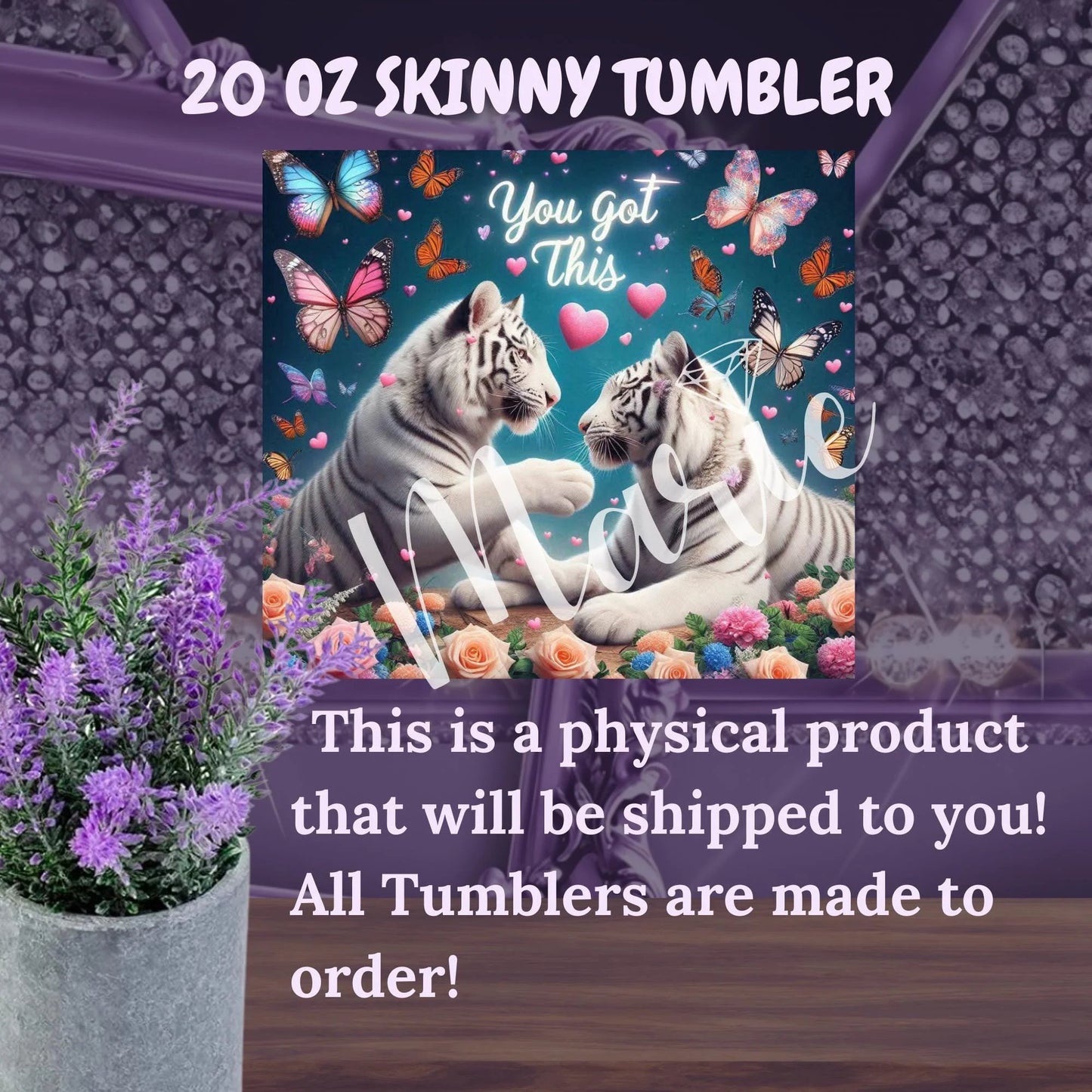 White Tiger Love Tumbler – Insulated 20oz Skinny Cup with Butterflies & Flowers for Daily Motivation