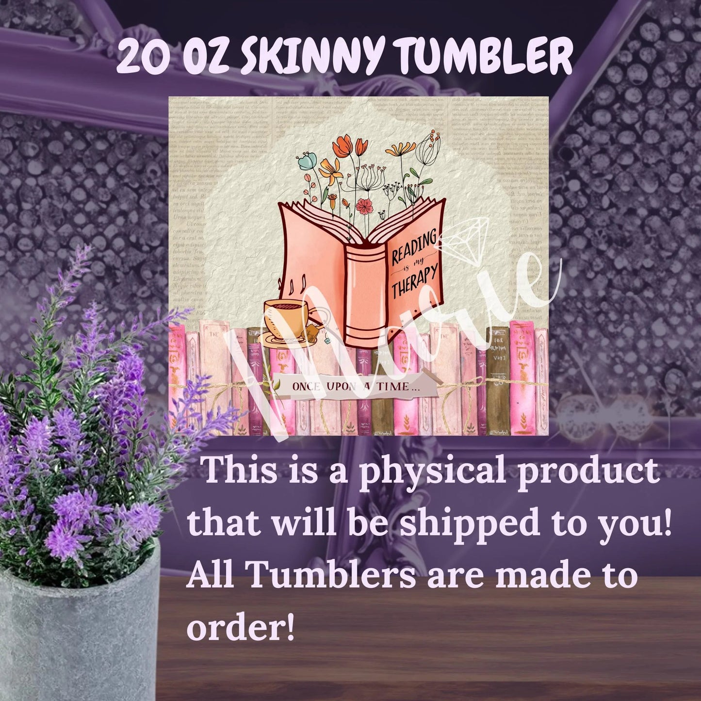 Book Lover Tumbler – 20 oz Skinny Tumbler with Floral Book Art, “Reading is Therapy” Design, Cozy Cottagecore Coffee Cup Gift