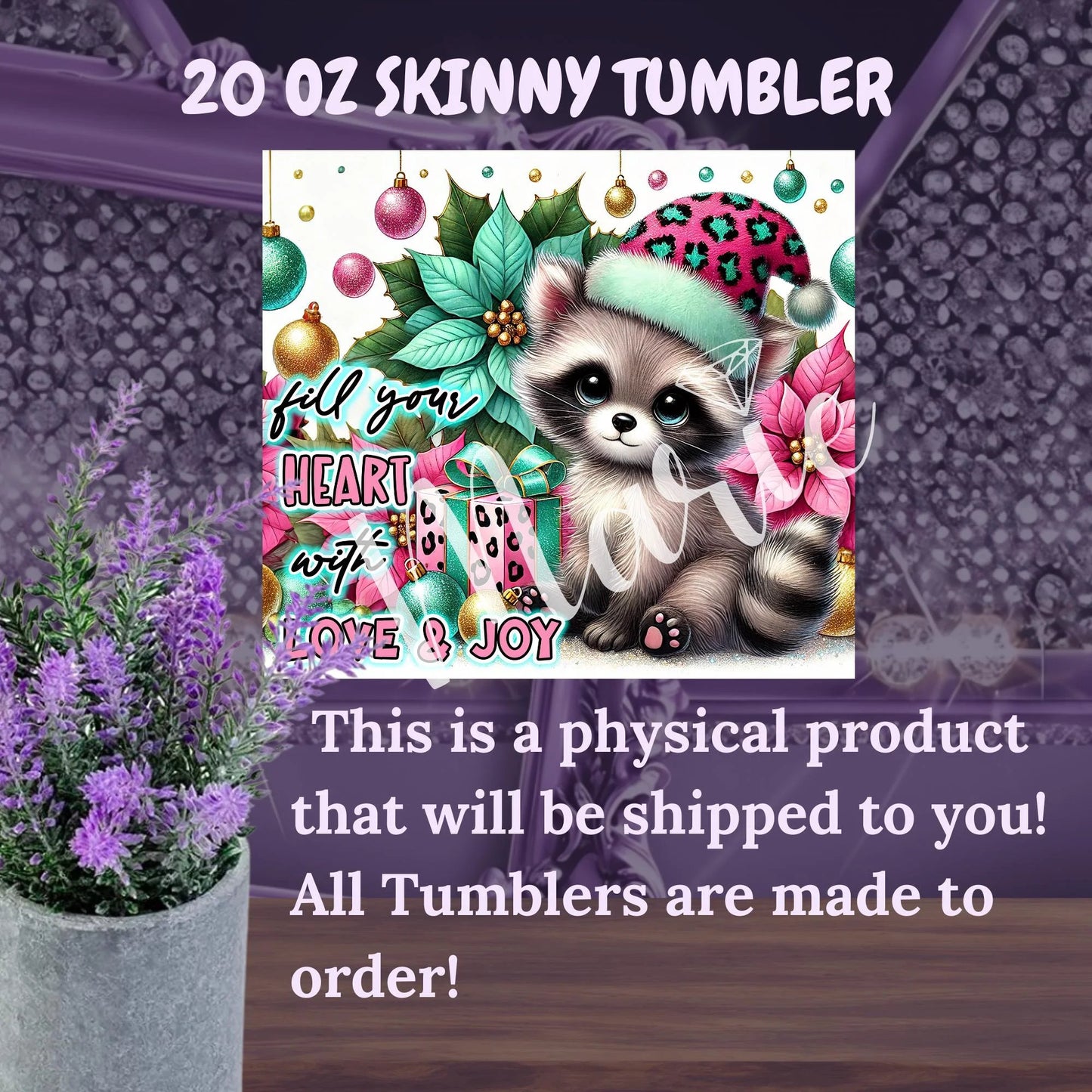 Christmas Raccoon Tumbler 20 oz – Cute Pink Santa Cup, Holiday Gift for Her, Glitter Animal Tumbler, Winter Coffee Cup with Straw