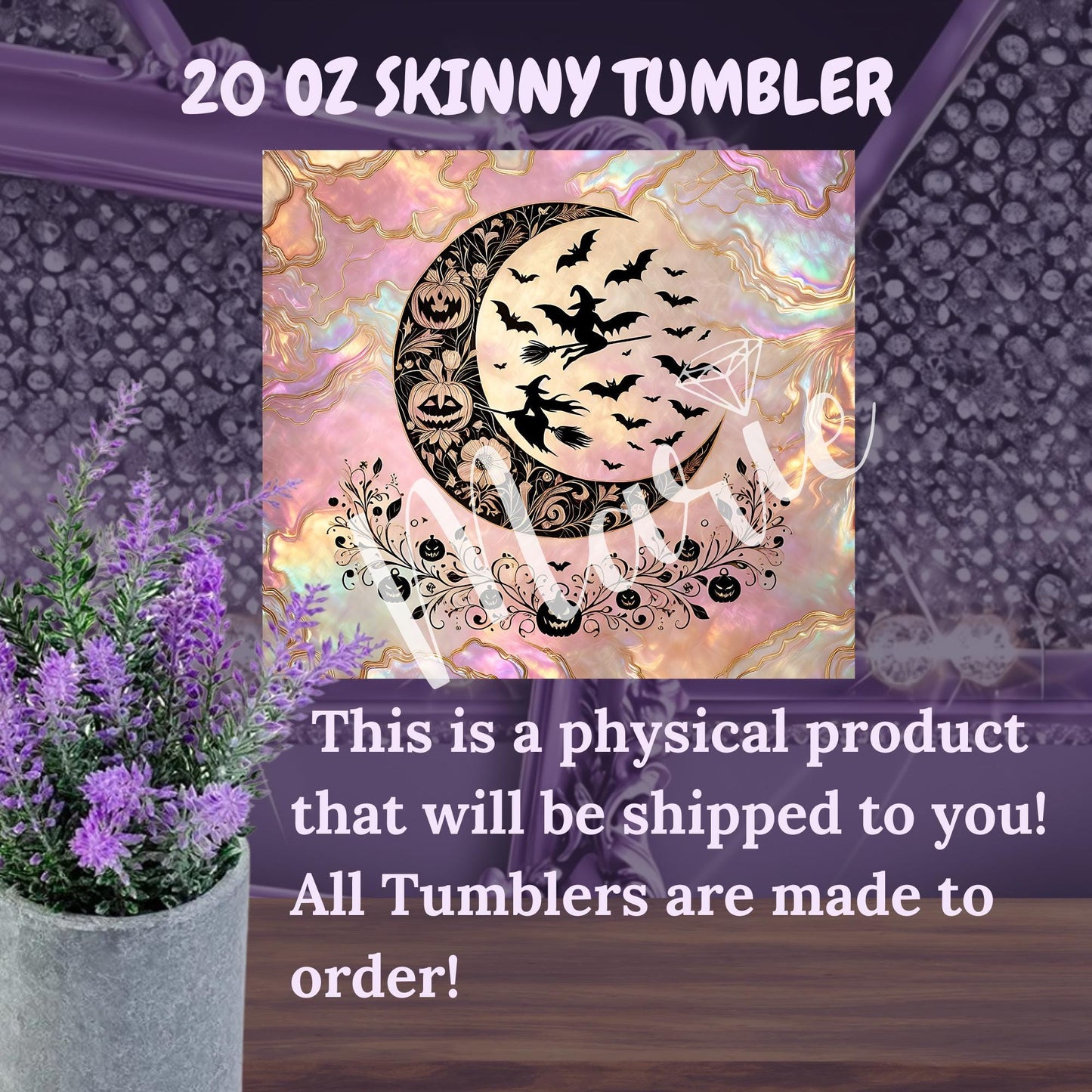 Witch Halloween Tumbler – 20 oz Pink Iridescent Skinny Cup with Bats & Moon, Glam Spooky Aesthetic Tumbler, Witchy Fall Gift for Her