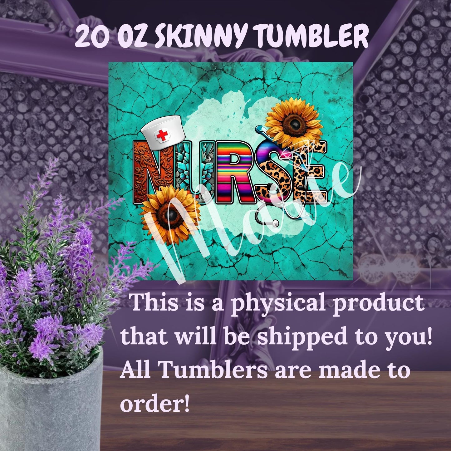 Nurse Tumbler 20oz – Western Sunflower Turquoise Skinny Cup with Straw – Serape, Leopard & Stethoscope Design