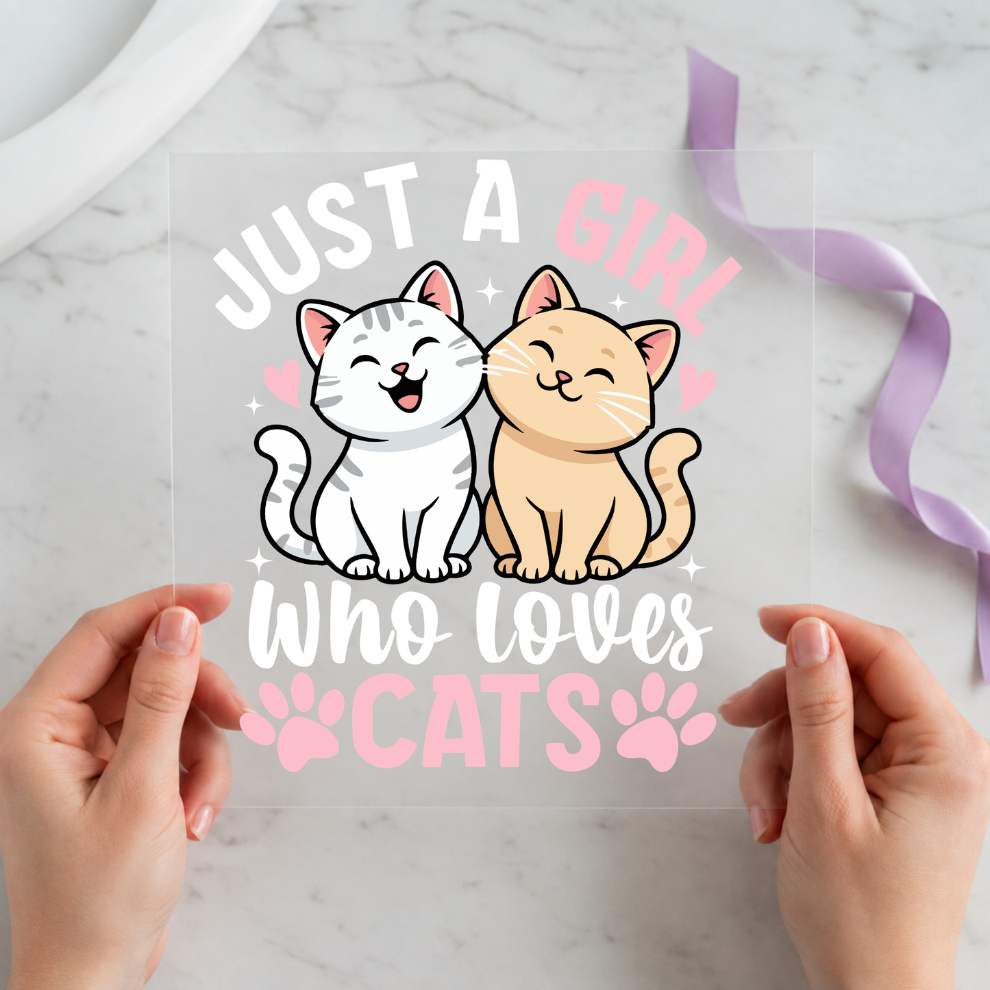 Just a Girl Who Loves Cats 12 by 12 ready-to-press DTF heat transfer for a funny cat shirt