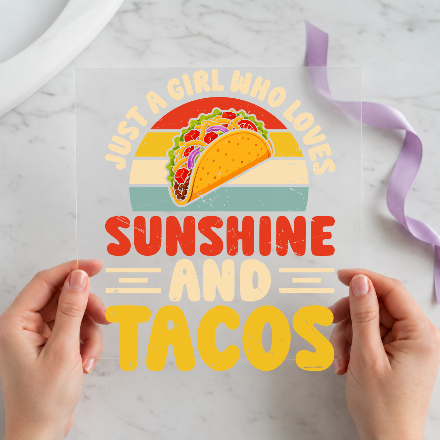Just a Girl Who Loves Sunshine and Tacos featuring retro sunshine stripes, colorful taco and cheerful lettering on a 12x12 ready-to-press DTF heat transfer