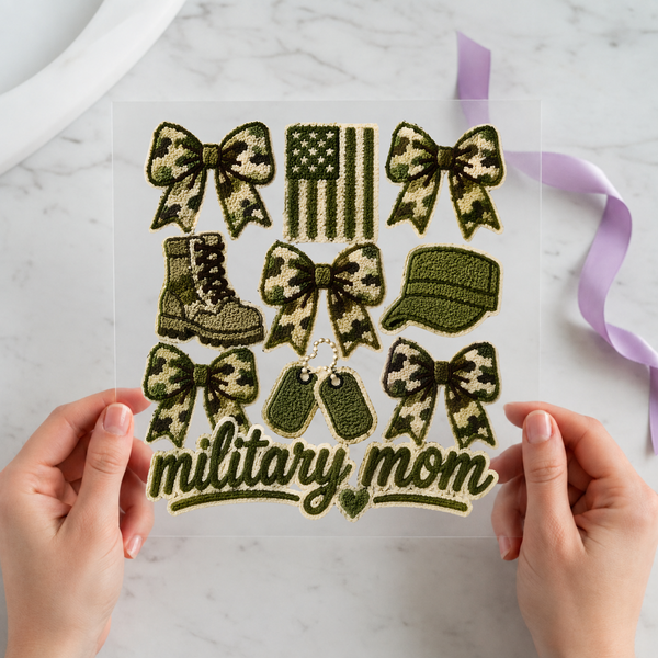 Military mom camo bow chenille patch look DTF transfer held on clear film