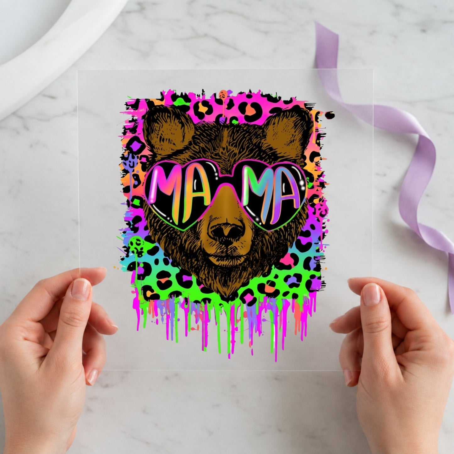 Neon Mama Bear in heart sunglasses with colorful leopard print 12x12 ready-to-press DTF transfer