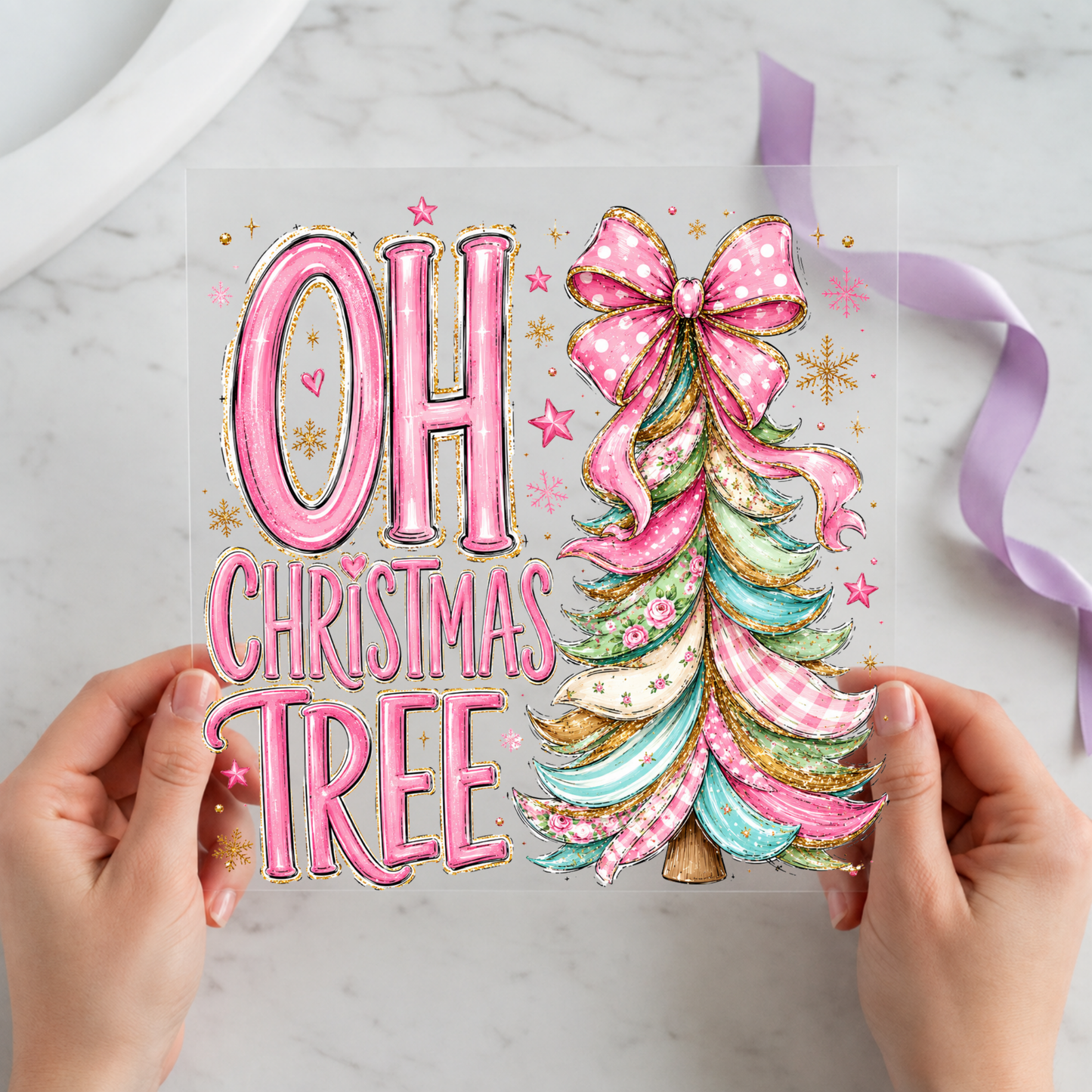 Oh Christmas Tree Coquette Bow featuring pastel ribbon Christmas tree topped with a large pink bow on a 12x12 ready-to-press DTF heat transfer