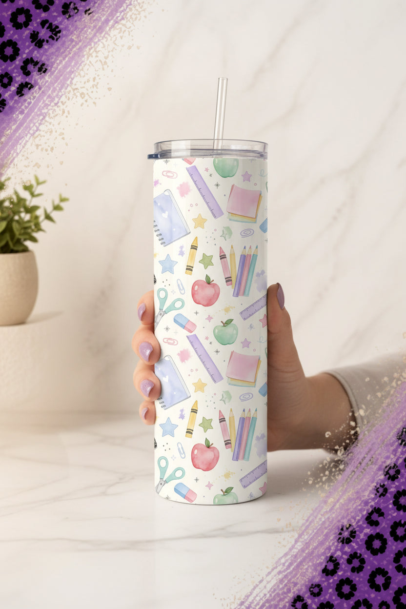 Pastel school supplies 20 oz student tumbler with pencils, notebooks, rulers, crayons and apples