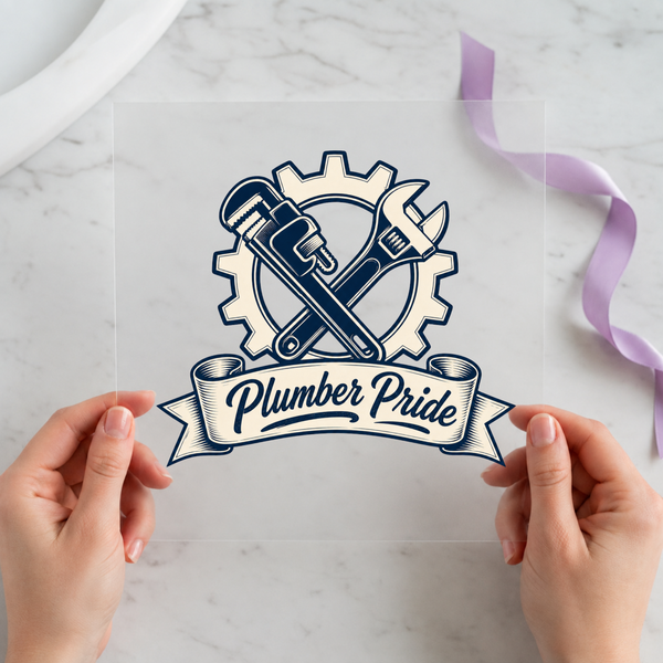 Plumber Pride DTF transfer mockup with gear and wrench badge design for a plumber gift