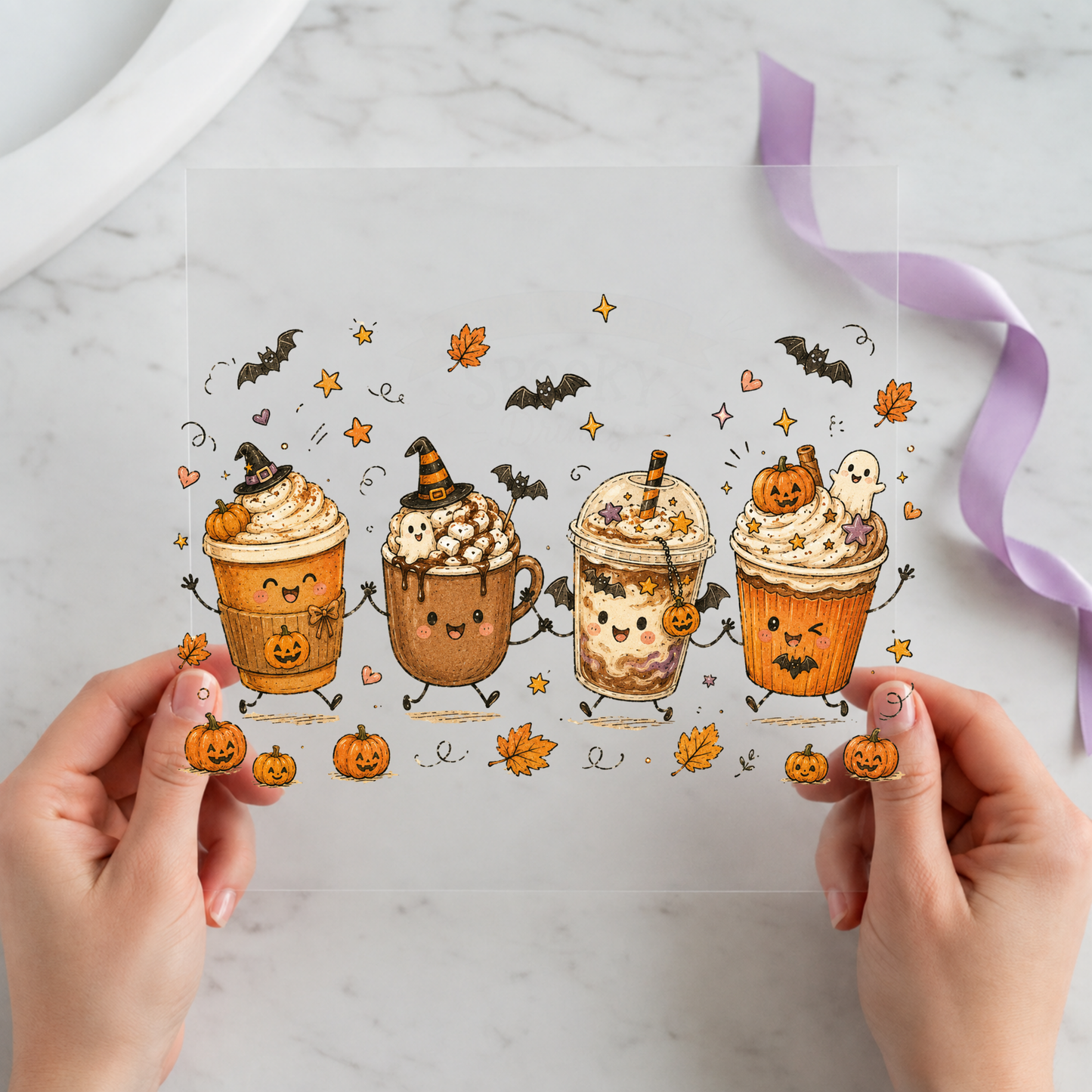 Pumpkin Spice Halloween Drinks featuring four decorated autumn drinks with ghosts, pumpkins and bats on a 12x12 ready-to-press DTF heat transfer