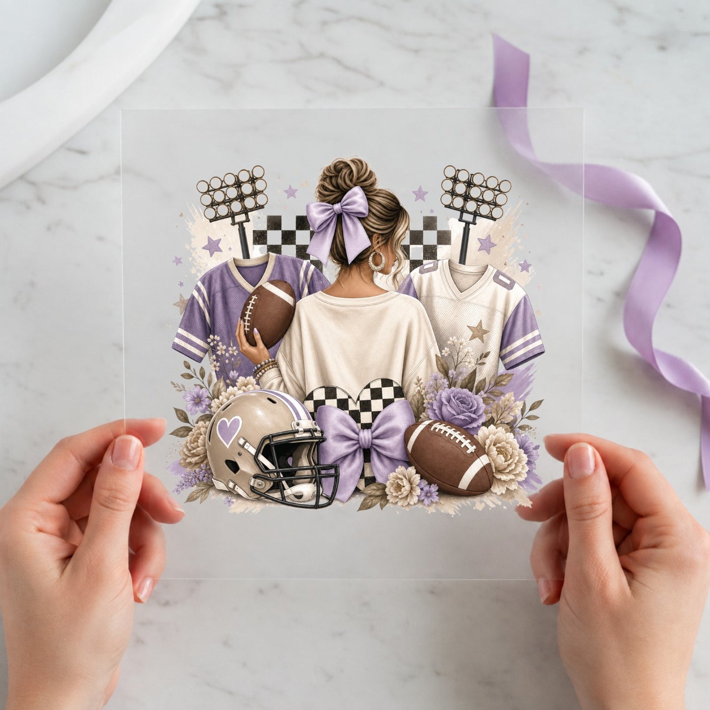 Purple football mom design with bow helmet jerseys flowers and stadium lights 12x12 DTF transfer