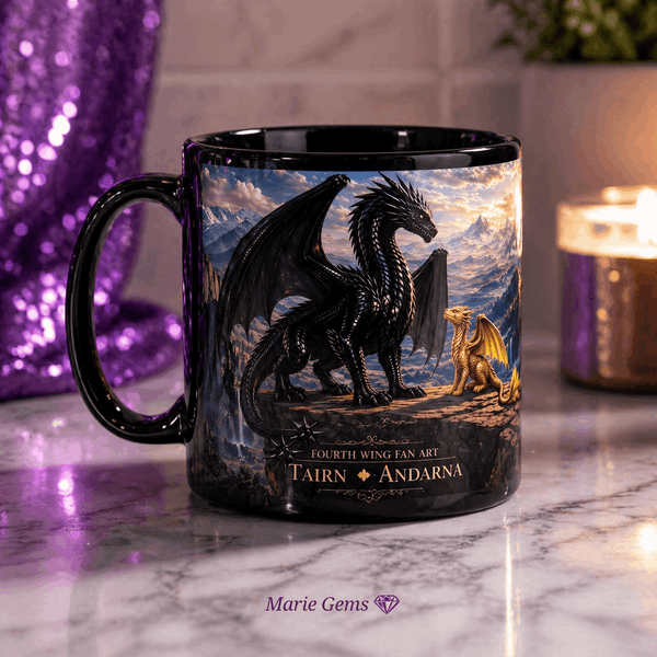 Fourth Wing Tairn Andarna Dragon Coffee 15 oz Ceramic Coffee Mug showing fourth wing tairn andarna dragon coffee mug artwork with coffee lover gifts, custom coffee mug, dragon