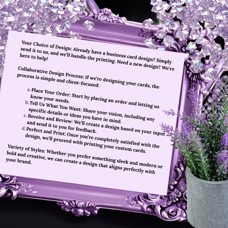 Custom Business Cards displayed in a decorative purple frame surrounded by crystals and a potted lavender plant.