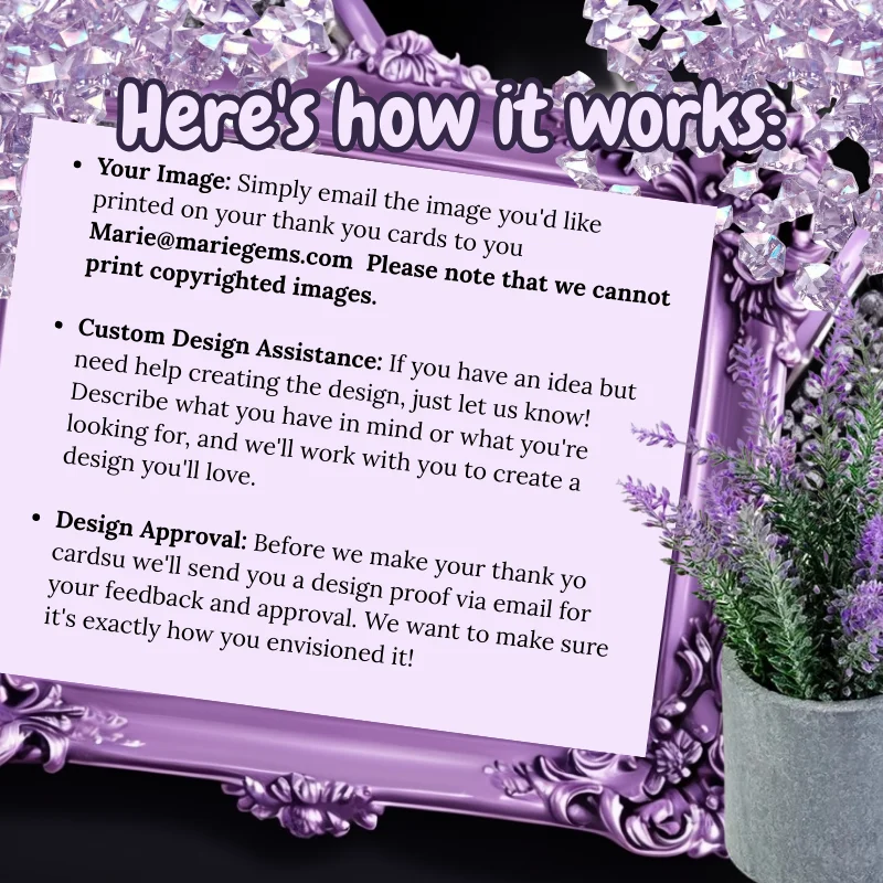 Custom Thank You Cards showing a purple ornate frame with instructions for custom design assistance and image submission.