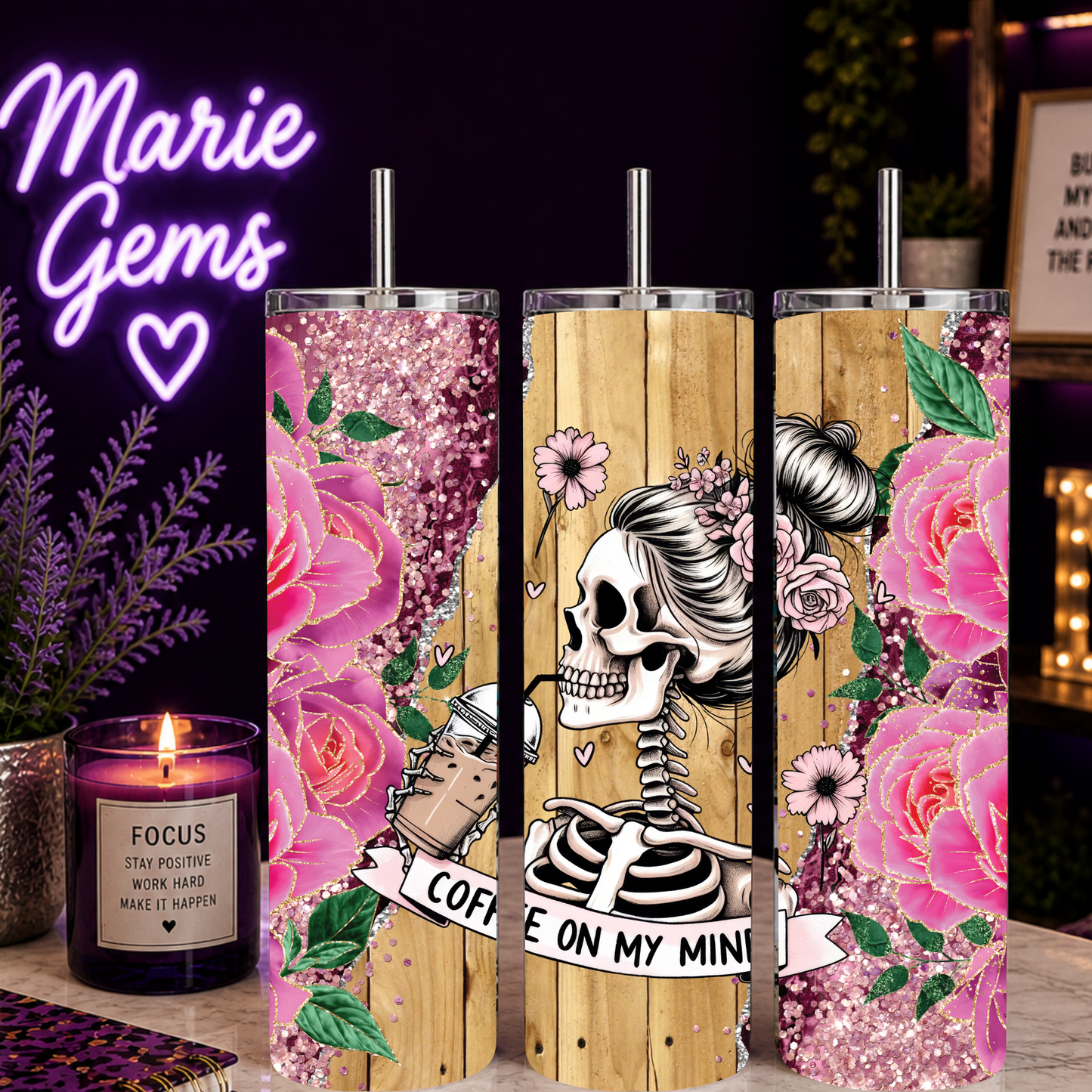 Skeleton Coffee Tumbler with Pink 20 oz Stainless Steel Tumbler showing skeleton coffee tumbler with pink glitter roses artwork with insulated stainless steel tumbler, alternative