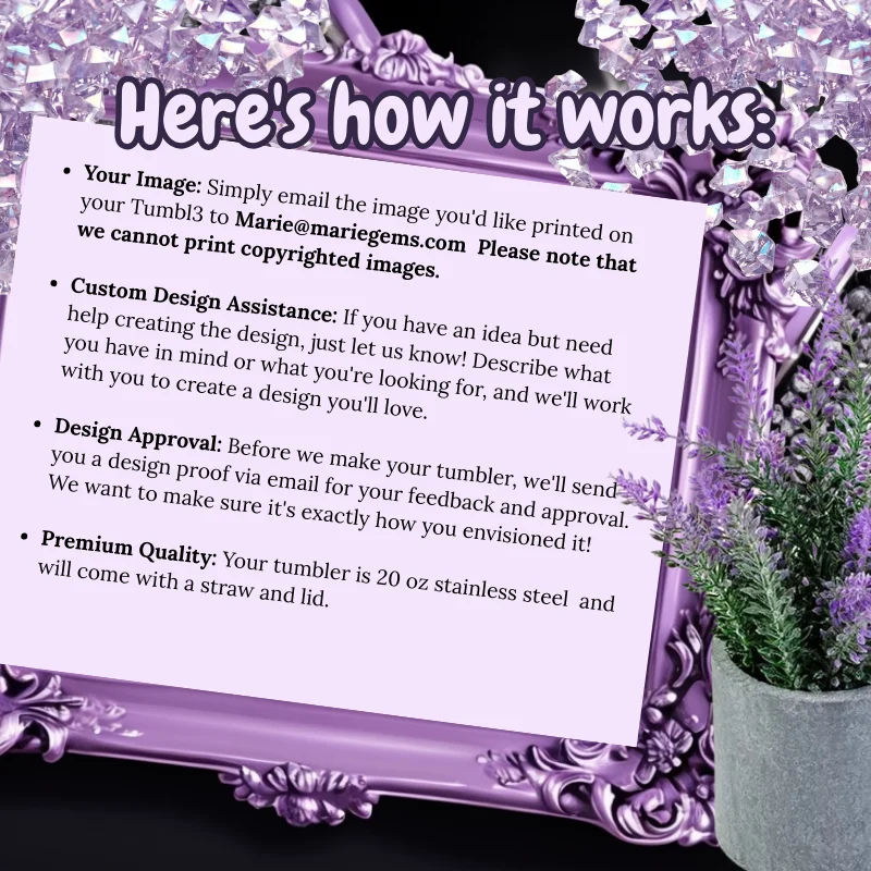 Personalized 20oz Skinny Tumbler with Straw showcasing a custom printed design proof in an ornate purple frame.