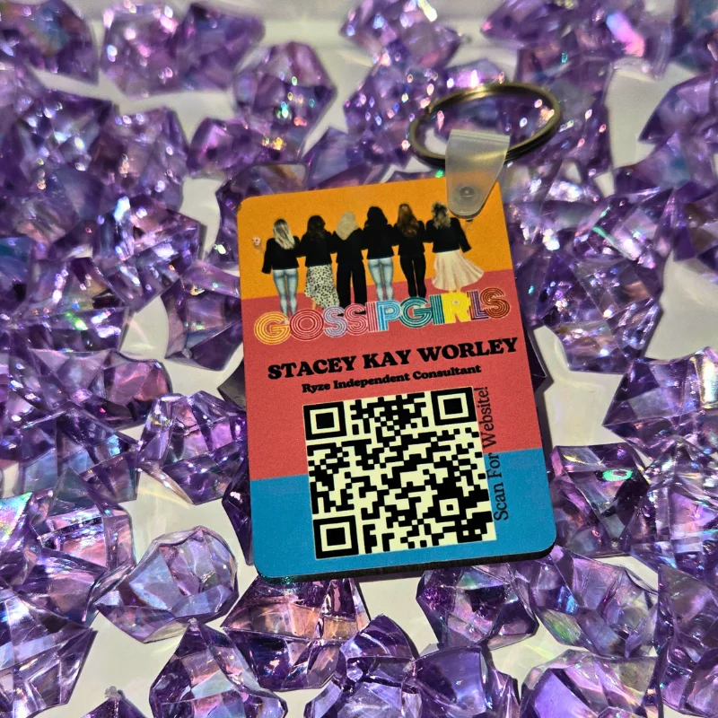 Custom QR Code Business Keychain with colorful design, personalized QR code, and contact information on a rectangular tag.