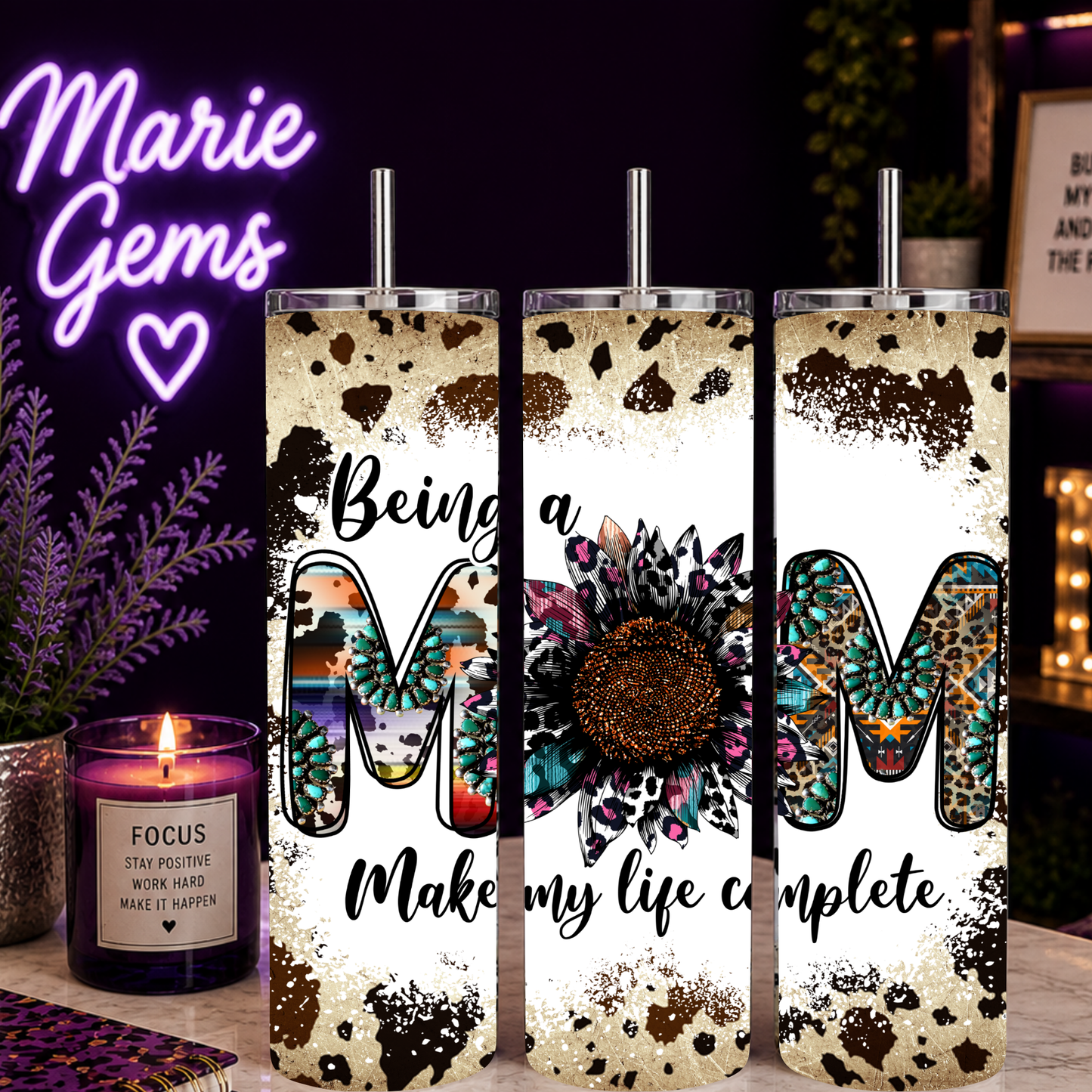 Western Mom 20oz Tumbler Cowhide Sunflower Travel Mug Boho Country Gift For Her Being A Mom Makes My Life Complete with floral and leopard print design