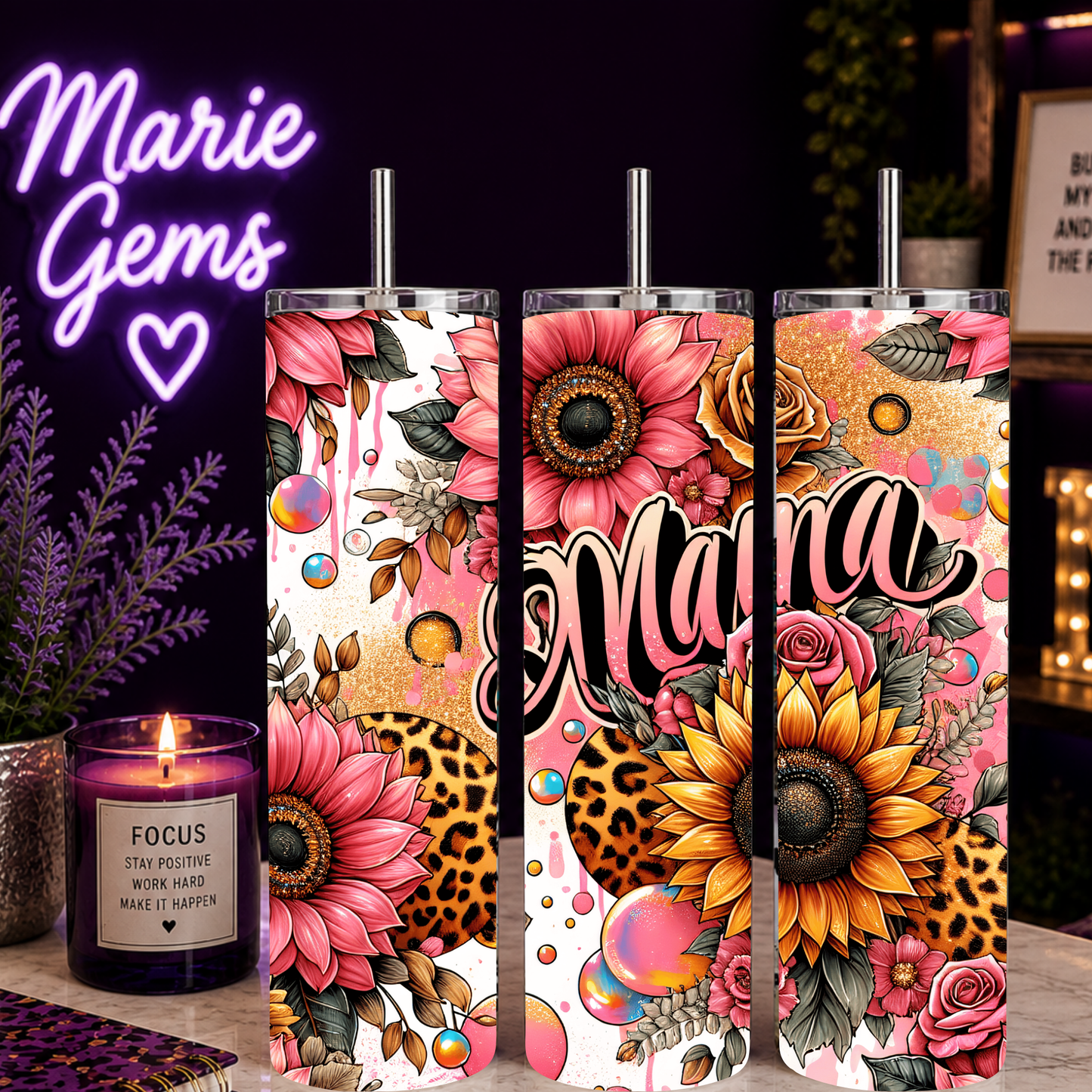 Mama Tumbler 20 Oz Leopard Sunflower Pink Floral Skinny Stainless Steel Tumbler With Lid And Straw For Mom Gift Idea displayed in vibrant floral and leopard print design.