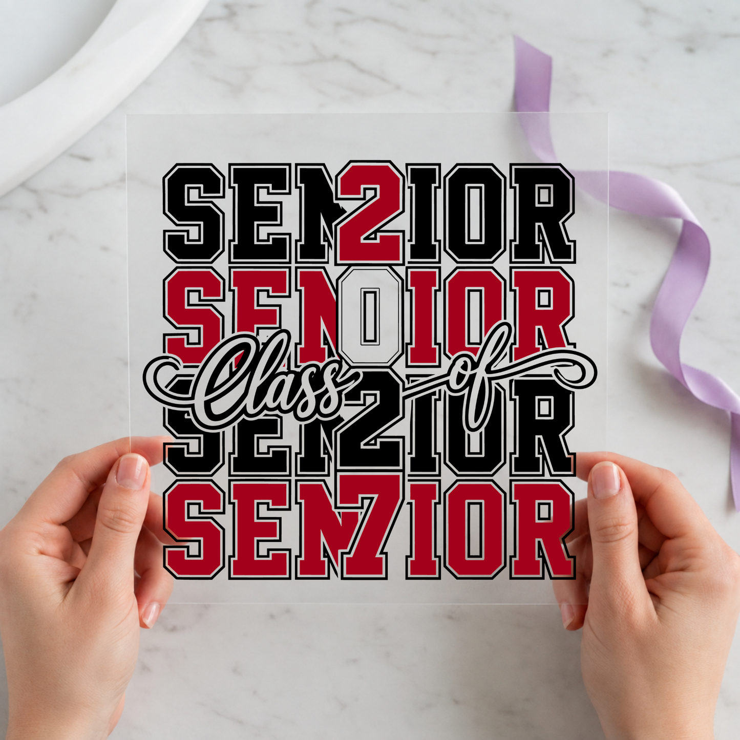 Senior Class of 2027 Typography featuring layered black, red and white Senior Class of 2027 lettering on a 12x12 ready-to-press DTF heat transfer