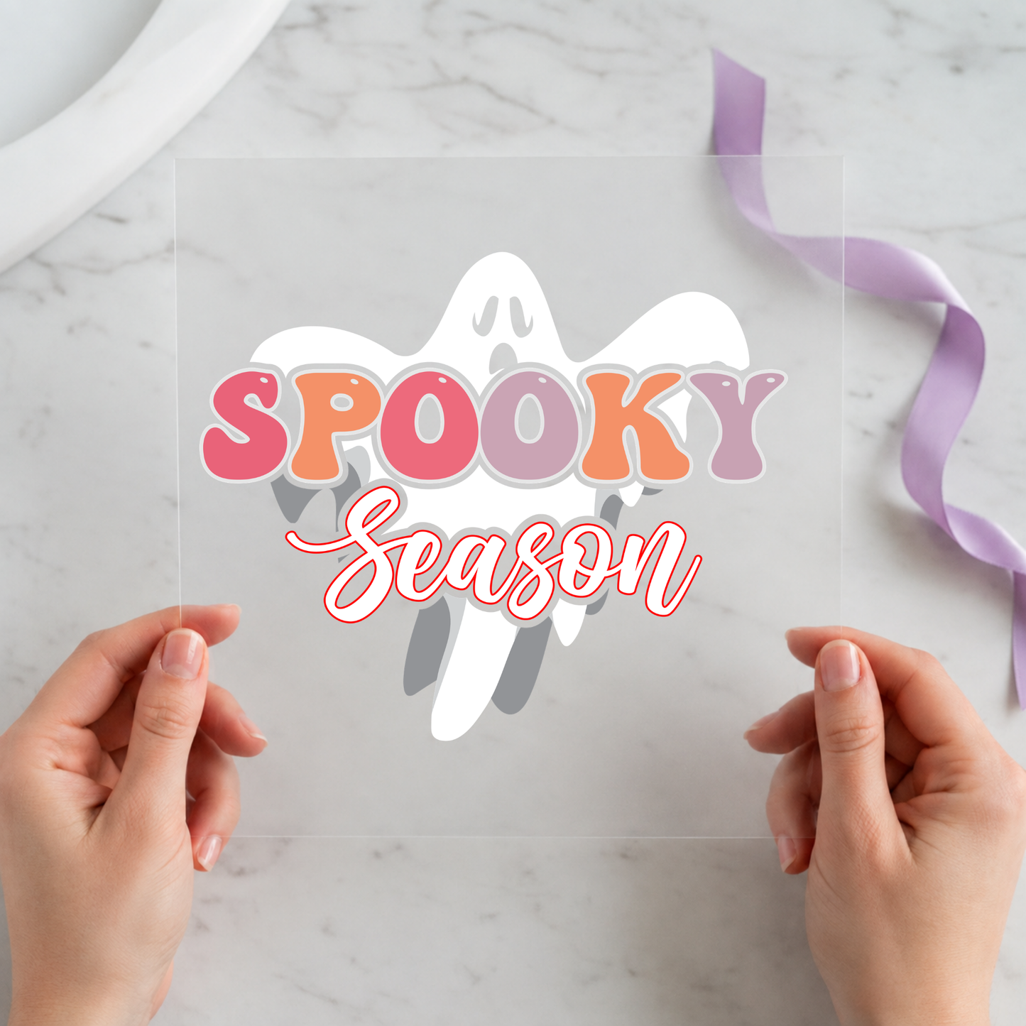 Spooky Season Ghost 12 by 12 ready-to-press DTF heat transfer for a Halloween shirt