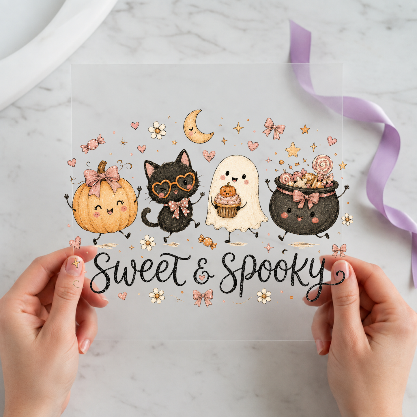 Sweet and Spooky Halloween Friends featuring pumpkin, black cat, ghost and cauldron characters with sweets on a 12x12 ready-to-press DTF heat transfer